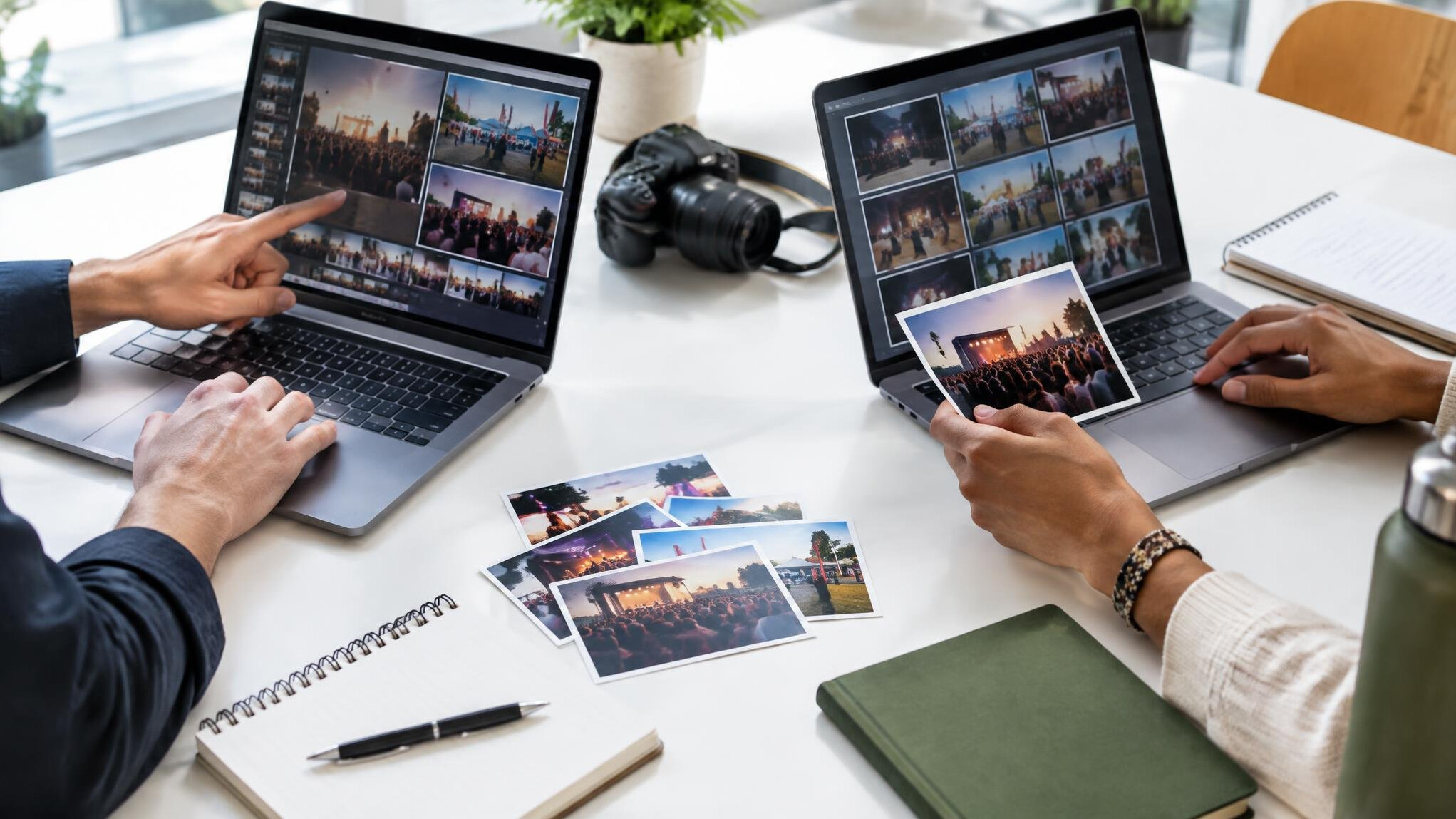 Team reviewing photos on laptops at a desk